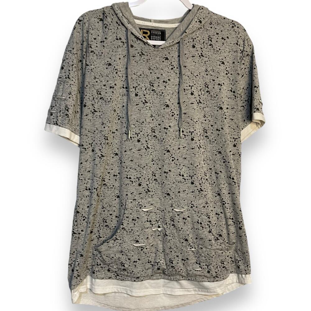 LR Scoop Hooded T-Shirt Mens XL Gray Distressed Pocket Casual Streetwear Layered